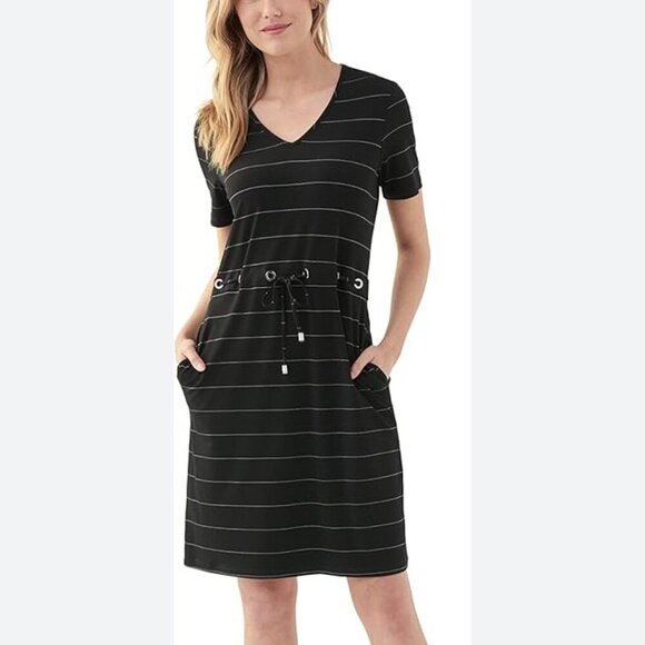 Joseph Ribkoff Women's Size 8 Black/Vanilla Stripe V Neck Tie Waist Midi Dress - Picture 2 of 14